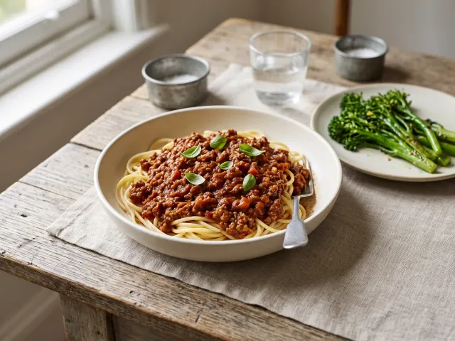 Spaghetti bolognese with a side of sautéed broccolini
