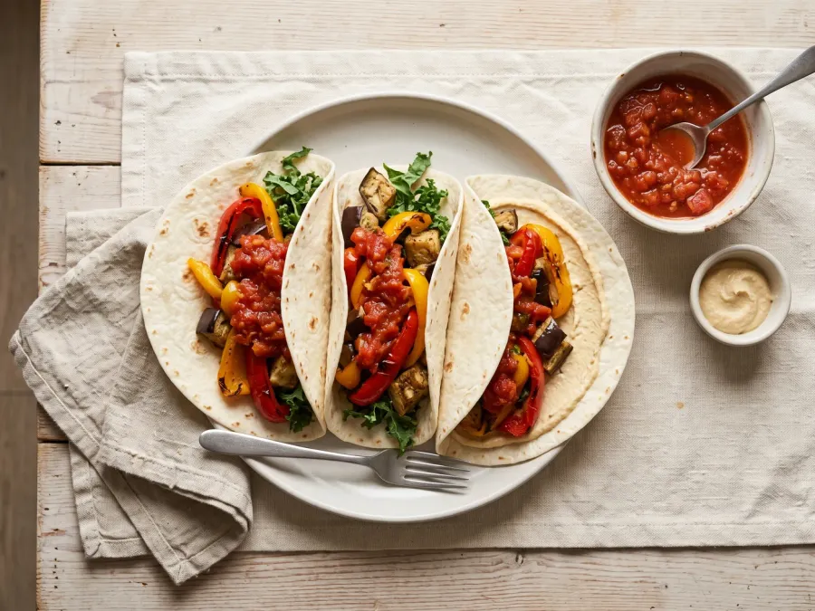 Roasted vegetable wraps with sweet peppers, eggplant and homemade salsa