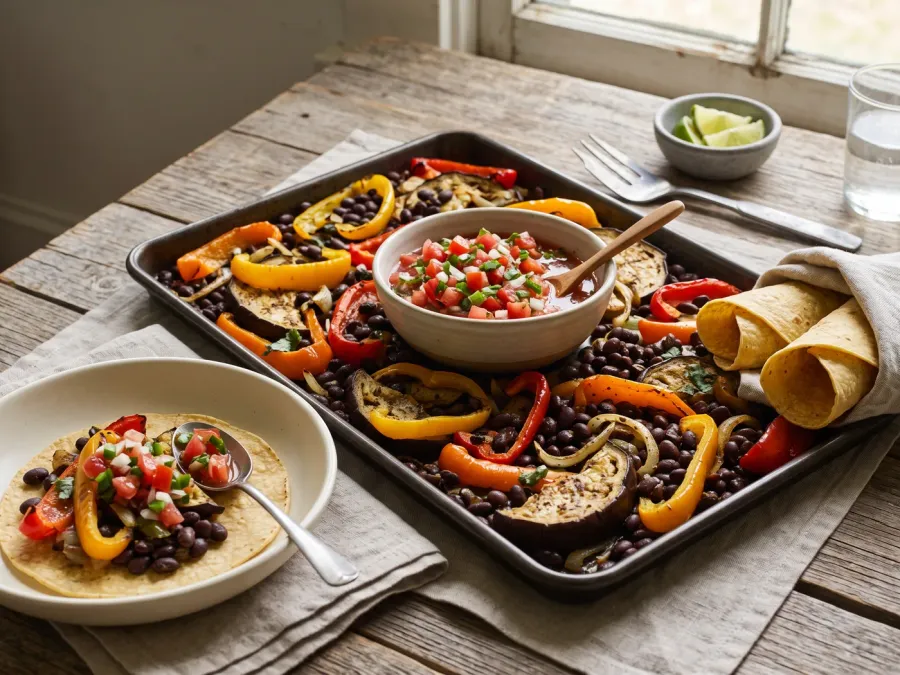 Sheet-pan fajita dinner with roasted sweet peppers, eggplant, black beans, salsa and warm tortillas