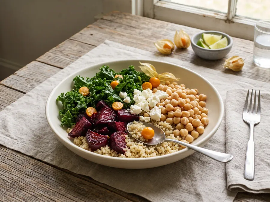 Roasted beet, kale, chickpea and feta bowl with quinoa and ground cherries
