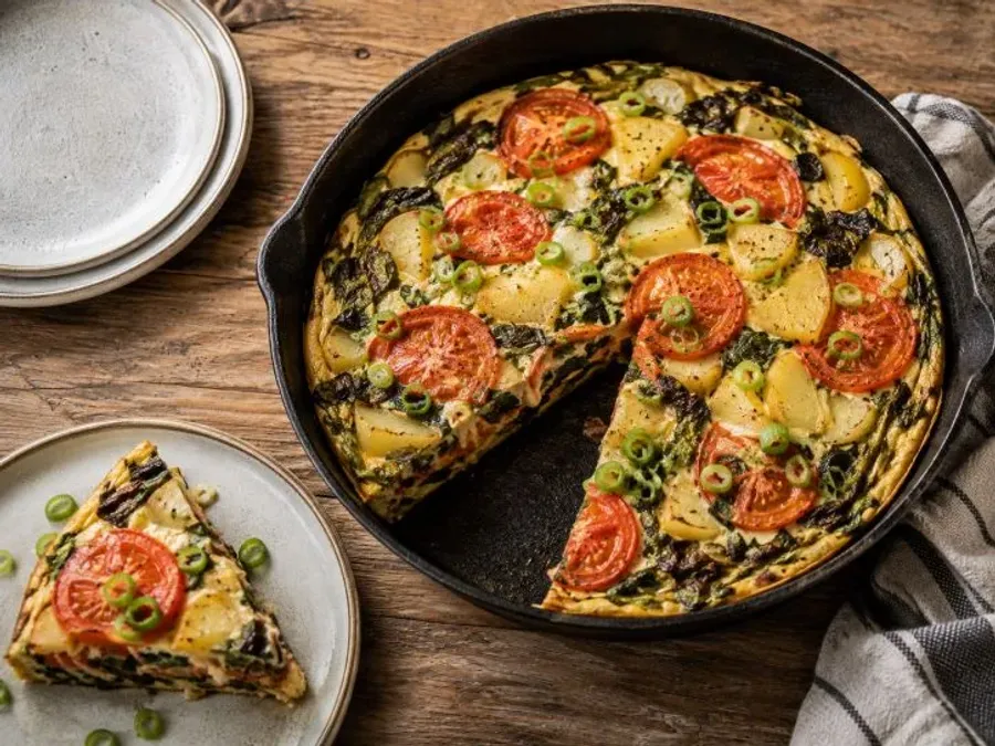 Swiss chard, tomato, and potato frittata sliced in the pan