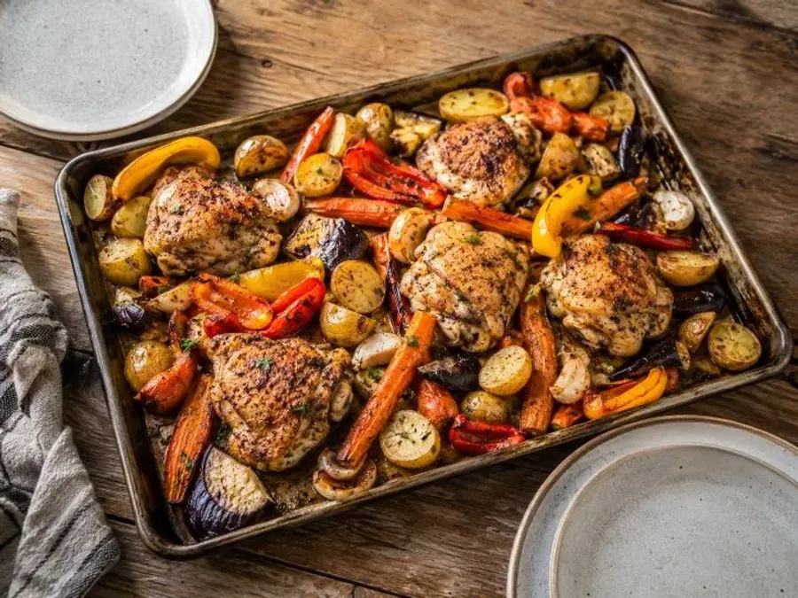 Sheet-pan chicken with roasted new potatoes, carrots, and eggplant