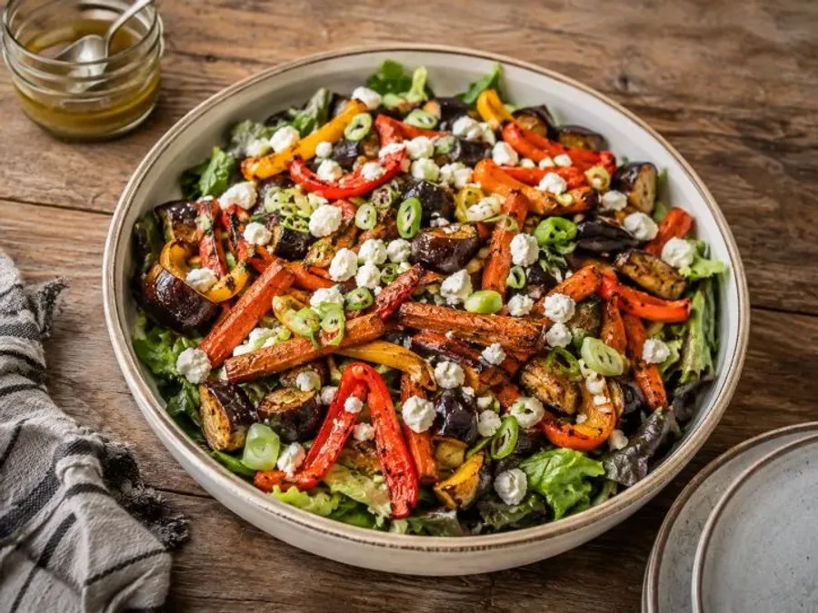 Warm roasted vegetable salad with lettuce mix, feta, and scallions